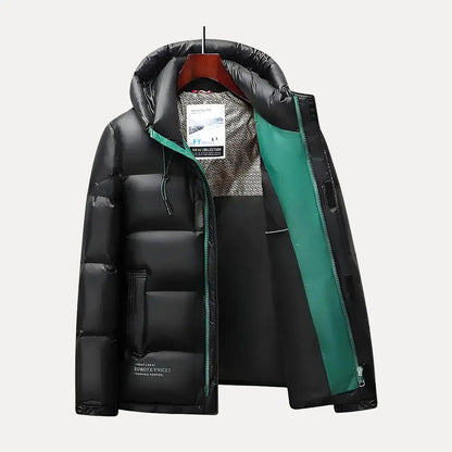 VogeLuxe | Glänzende, gefütterte Herren-Steppjacke mit Kapuze 2