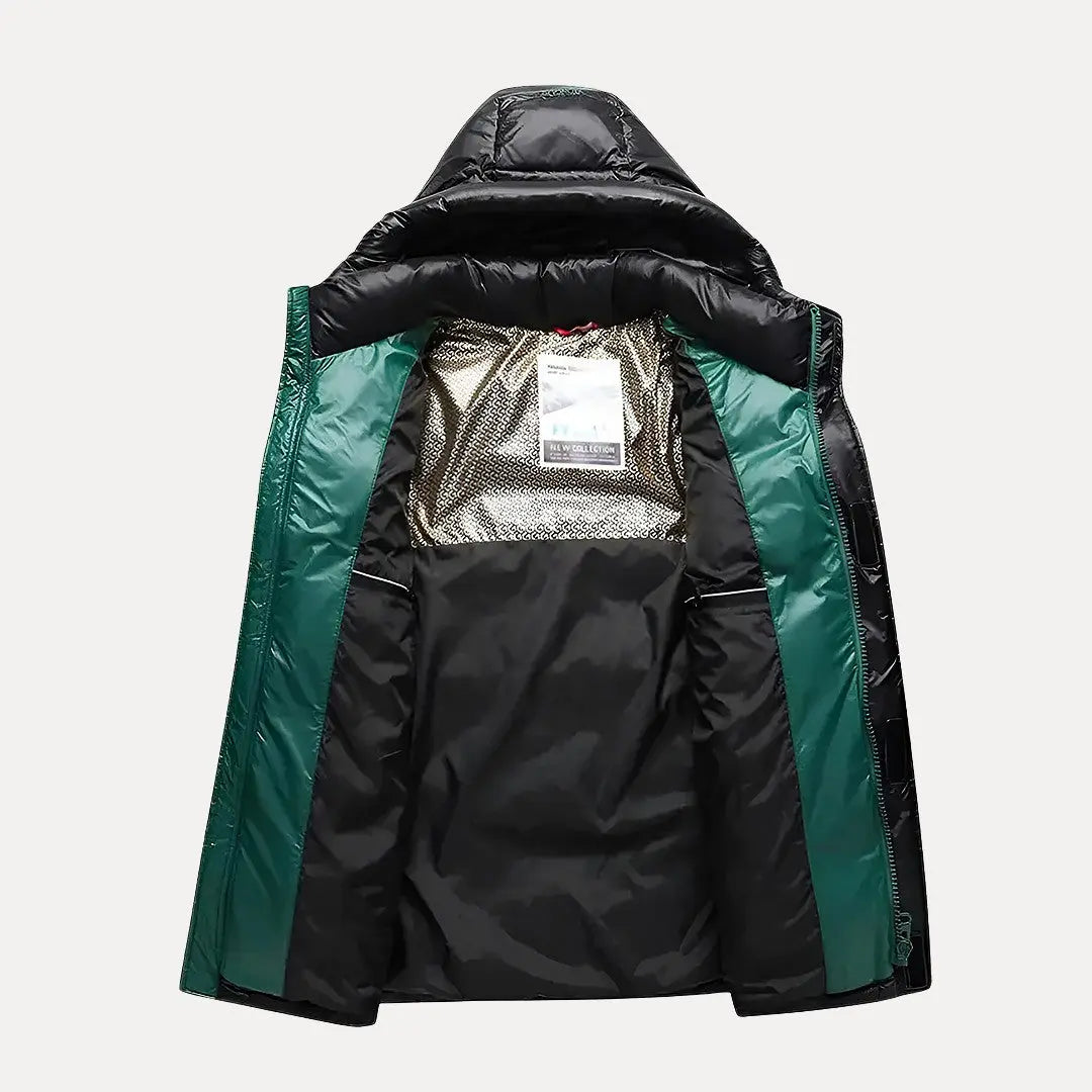 VogeLuxe | Glänzende, gefütterte Herren-Steppjacke mit Kapuze 3