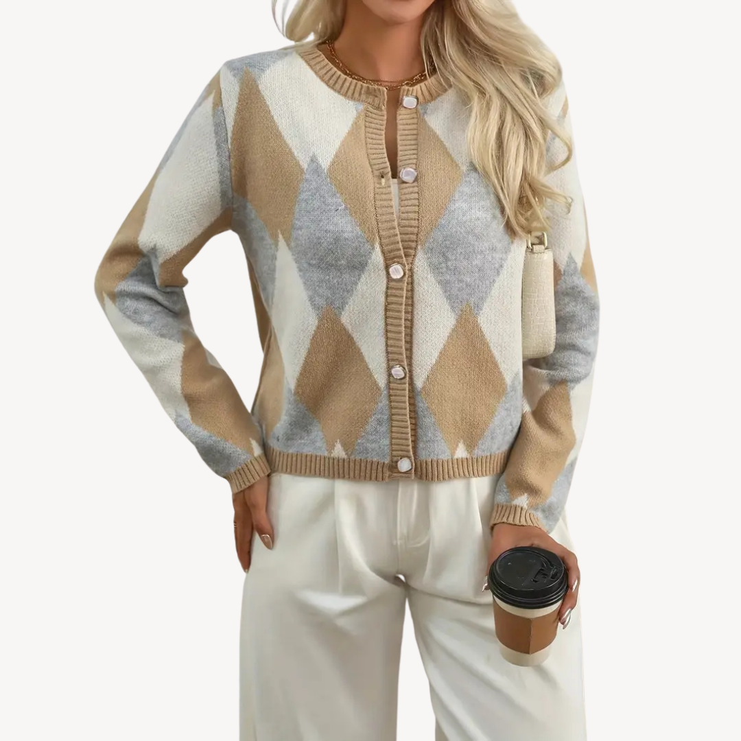 VogeLuxe | Karierte Strickjacke mit V-Ausschnitt für Damen 0
