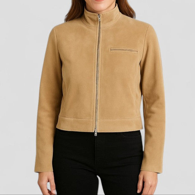 VogeLuxe | Kurze Damen-Wildlederjacke mit Stehkragen 4