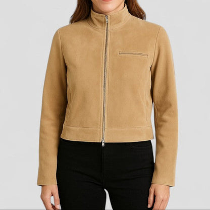 VogeLuxe | Kurze Damen-Wildlederjacke mit Stehkragen 4