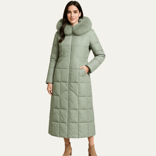 VogeLuxe | Langer Damen-Steppmantel mit Kapuze und Kunstpelz 0