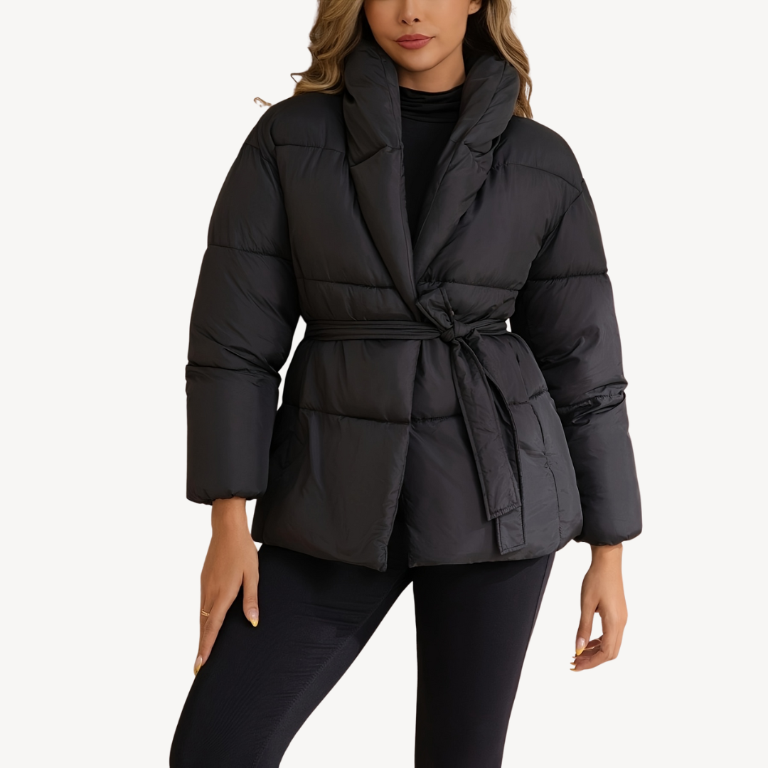 VogeLuxe | Schwarze Pufferjacke mit Gürtel für Damen 0