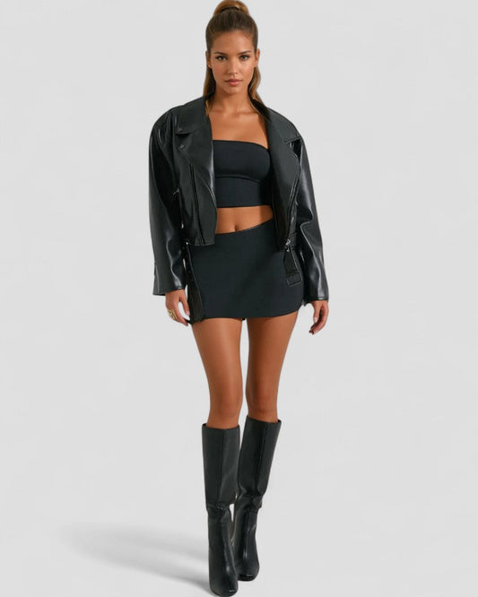 VogeLuxe | Schwarze kurze Lederjacke für Damen 0