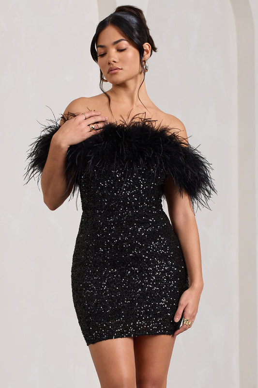 Federbesetztes Minikleid Pailletten Off-Shoulder Partykleid - BerlinGlamour