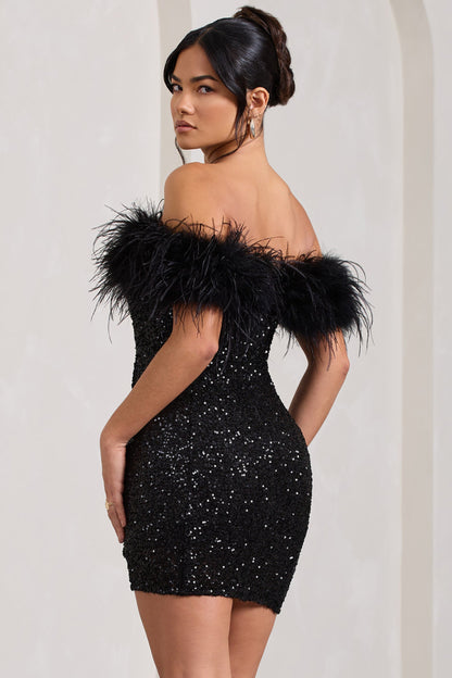 Federbesetztes Minikleid Pailletten Off-Shoulder Partykleid