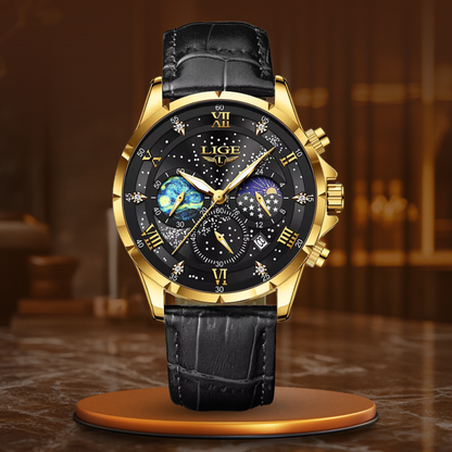 Herren Armbanduhr Mondphase Edelstahl Schwarz