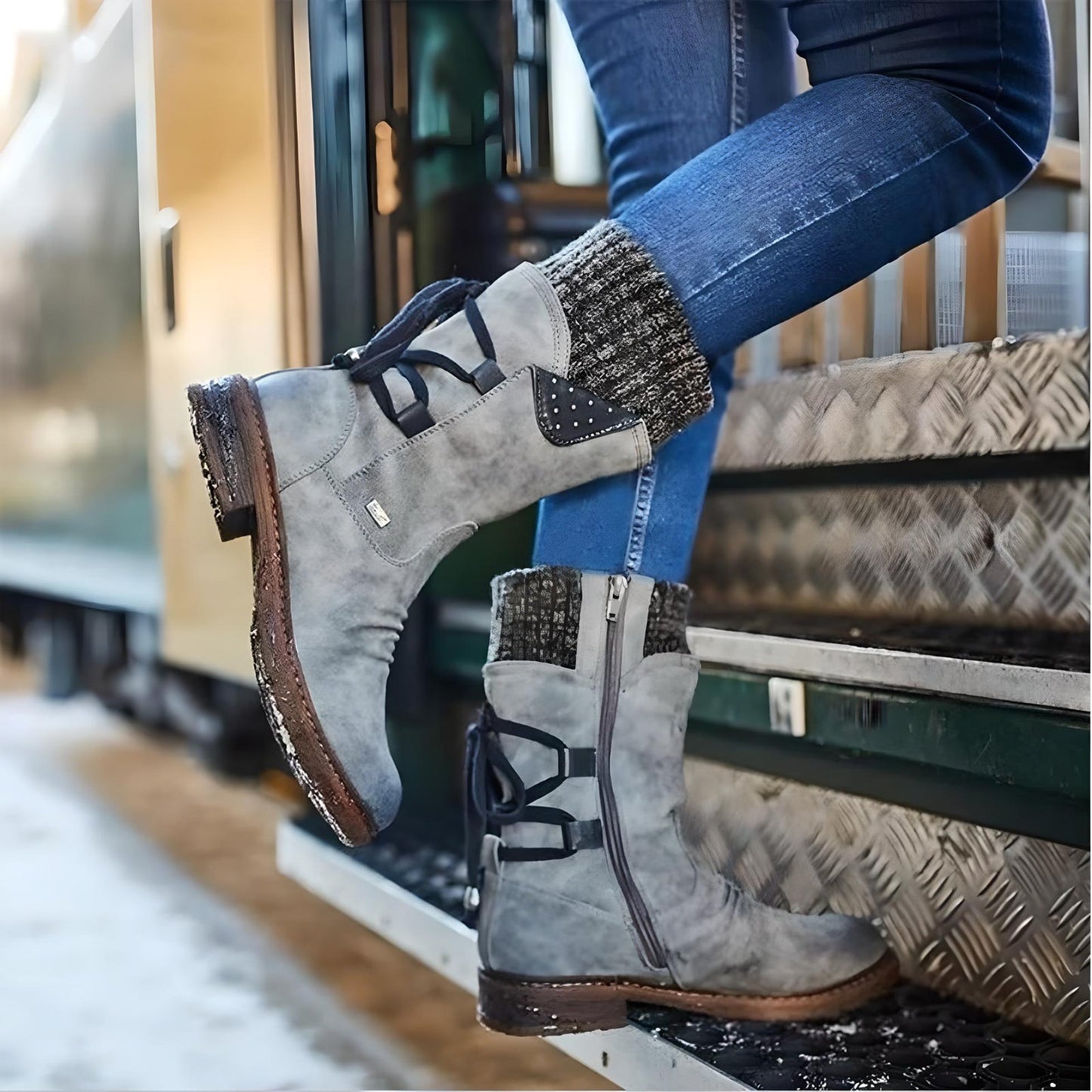 Winterschuhe Schneestiefel Damen Warm Schnürsenkel