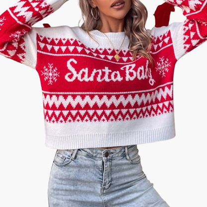 Weihnachtspullover für Damen mit Buchstabenmotiv und geripptem Saum 0
