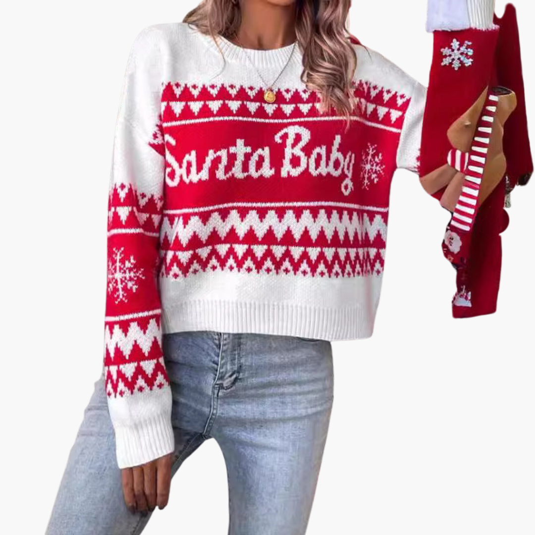 Weihnachtspullover für Damen mit Buchstabenmotiv und geripptem Saum 1