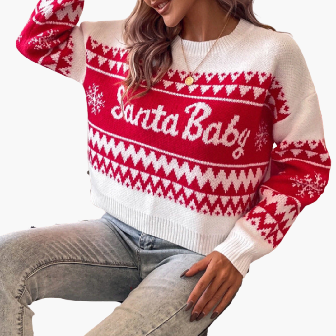 Weihnachtspullover für Damen mit Buchstabenmotiv und geripptem Saum 2