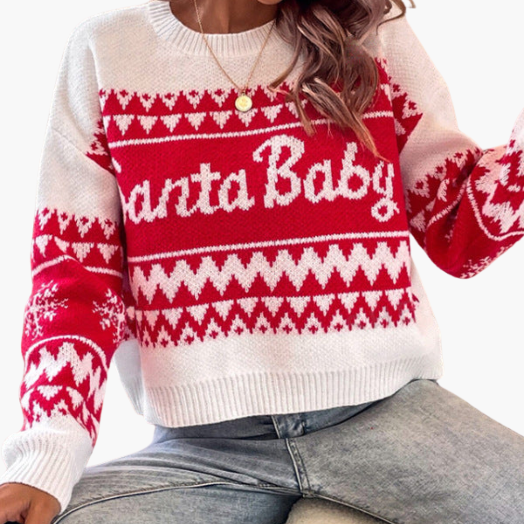 Weihnachtspullover für Damen mit Buchstabenmotiv und geripptem Saum 3