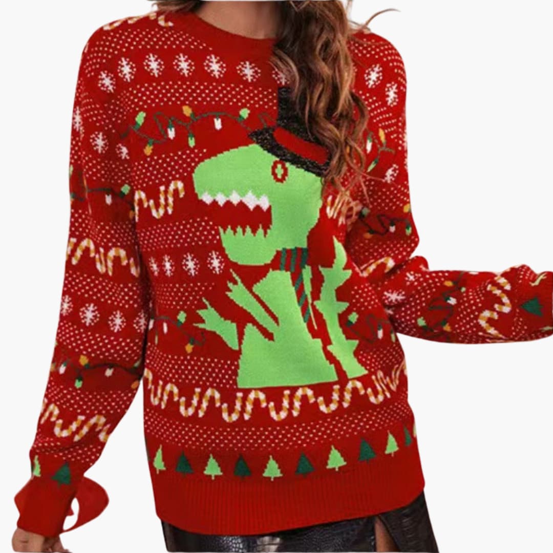 Weihnachtspullover für Damen mit Dinosaurier Motiv 0