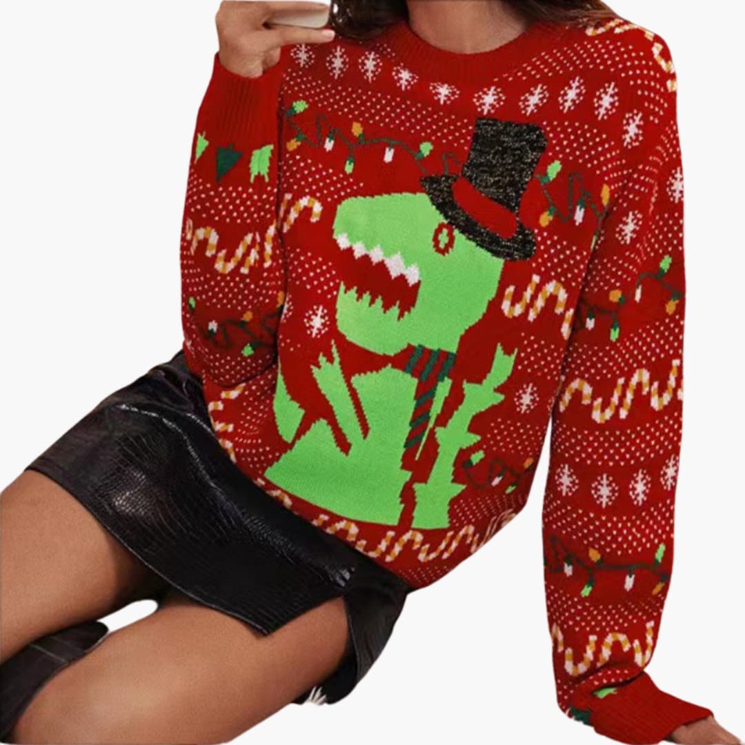 Weihnachtspullover für Damen mit Dinosaurier Motiv 1