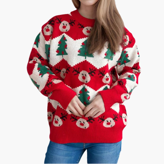 Weihnachtspullover für Damen mit Rentier und Weihnachtsbaummotiv 0