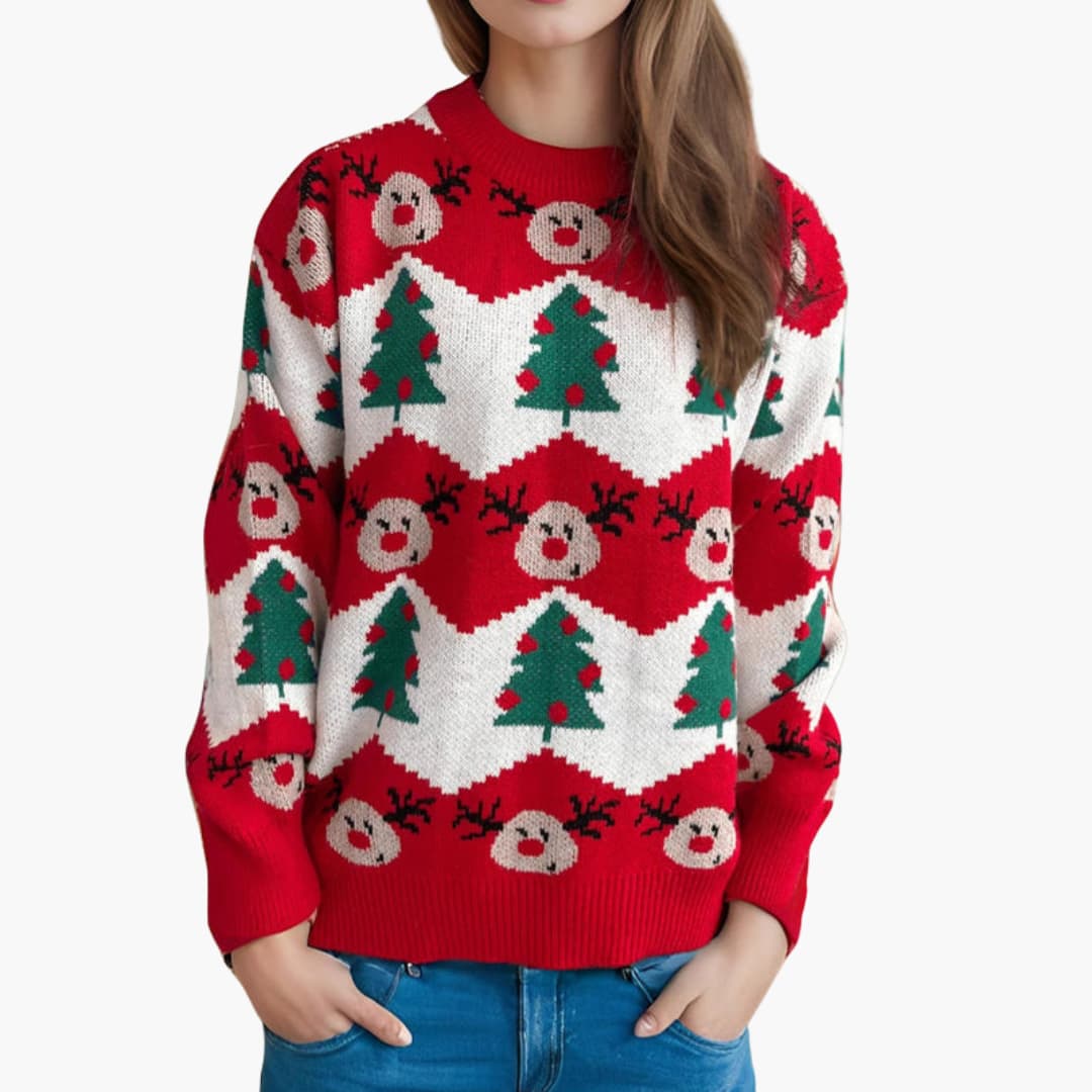 Weihnachtspullover für Damen mit Rentier und Weihnachtsbaummotiv 2