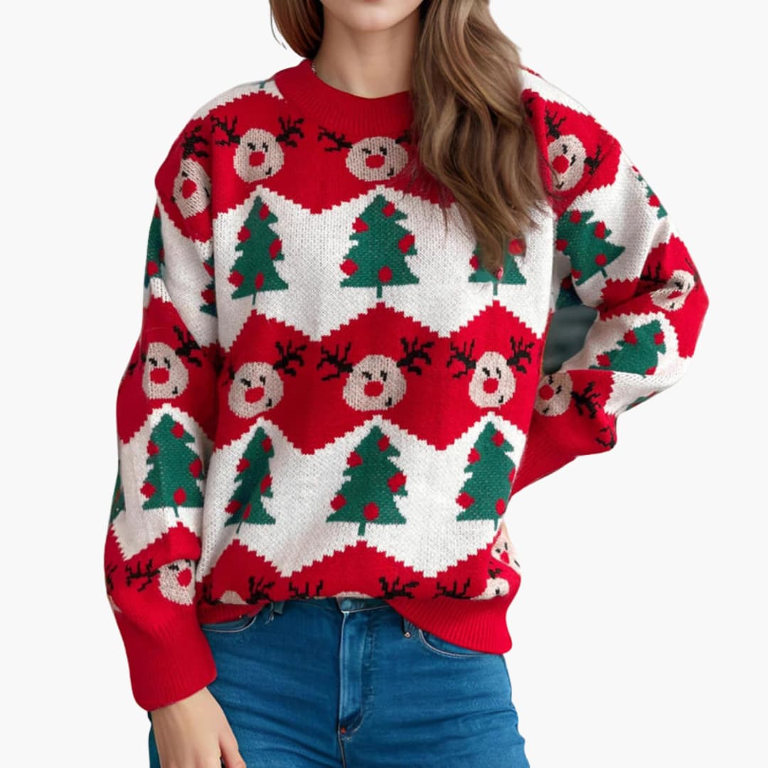 Weihnachtspullover für Damen mit Rentier und Weihnachtsbaummotiv 5