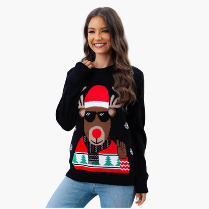 Weihnachtspullover für Damen mit Rentiermotiv und geripptem Saum 0