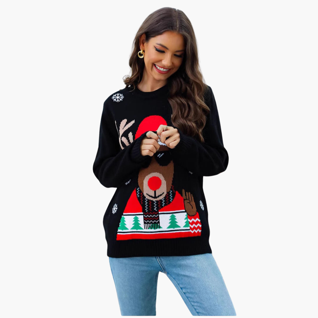 Weihnachtspullover für Damen mit Rentiermotiv und geripptem Saum 1