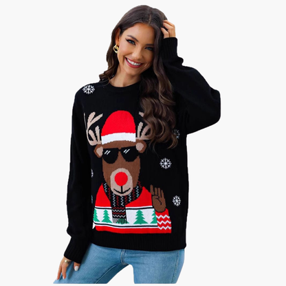 Weihnachtspullover für Damen mit Rentiermotiv und geripptem Saum 2