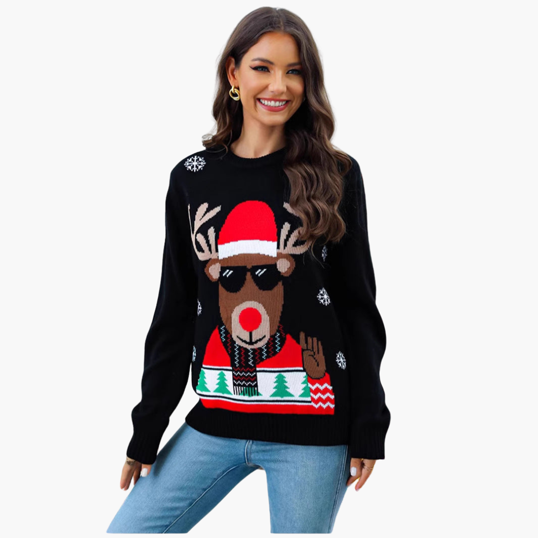 Weihnachtspullover für Damen mit Rentiermotiv und geripptem Saum 3