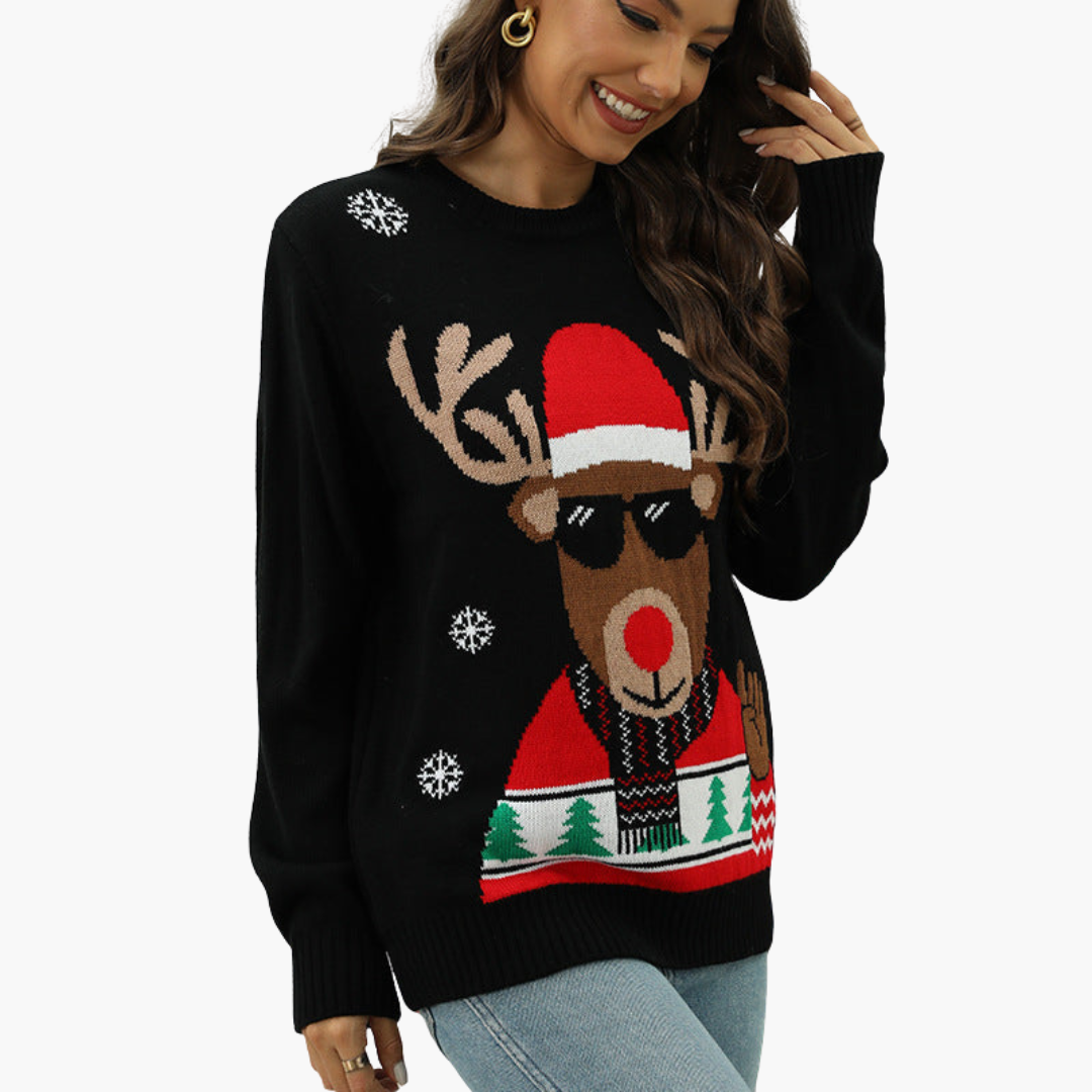 Weihnachtspullover für Damen mit Rentiermotiv und geripptem Saum 4