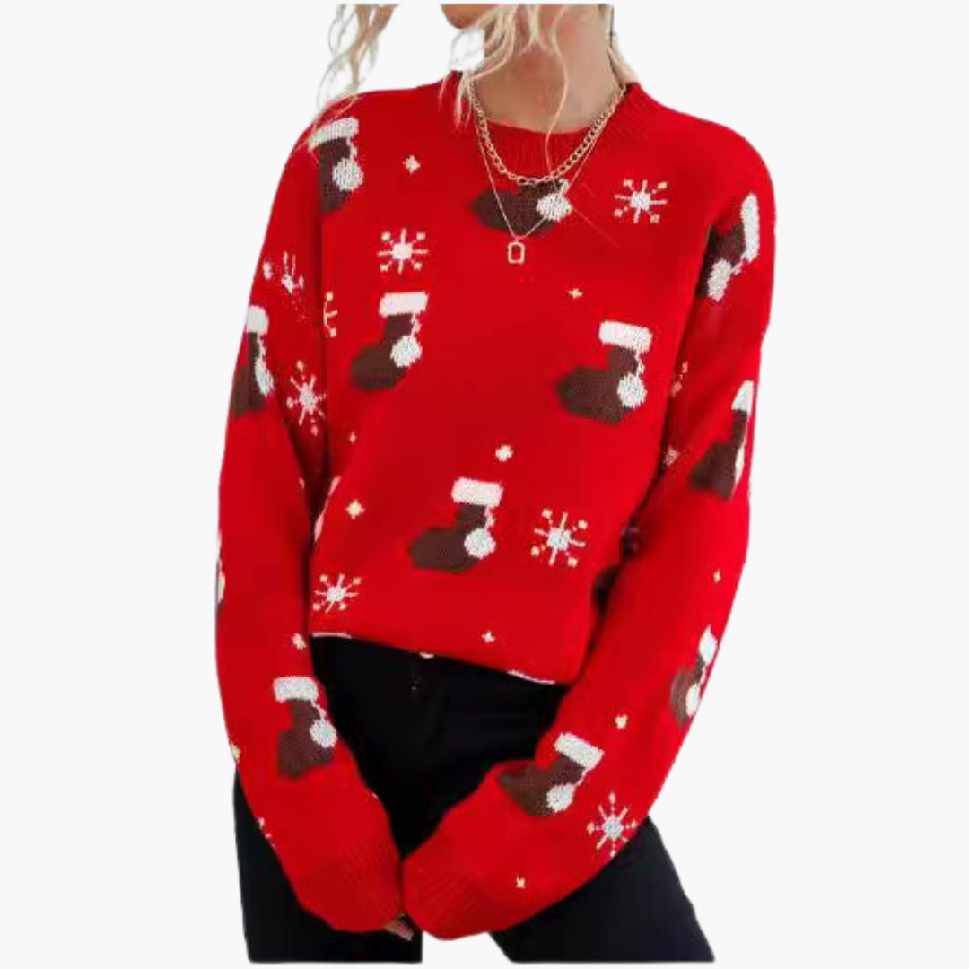 Weihnachtspullover für Damen mit Rundhalsausschnitt und geripptem Saum 0
