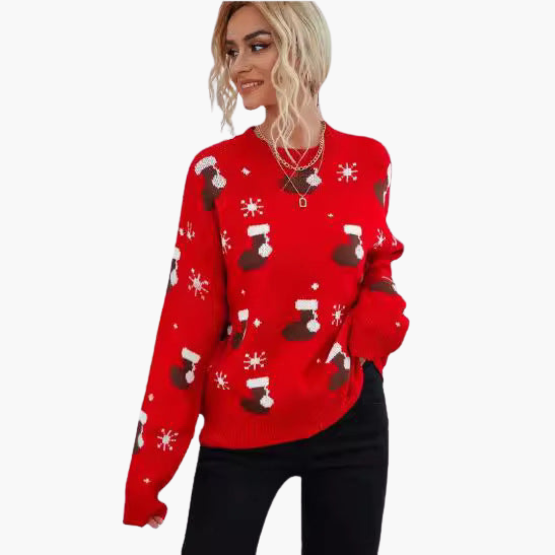 Weihnachtspullover für Damen mit Rundhalsausschnitt und geripptem Saum 1