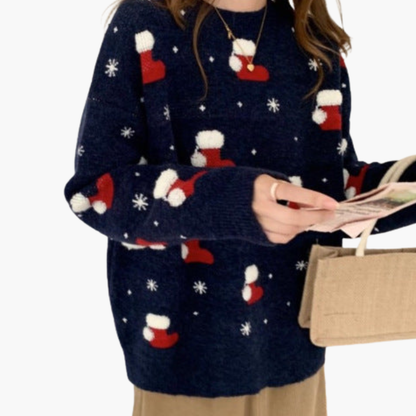 Weihnachtspullover für Damen mit Rundhalsausschnitt und geripptem Saum 3