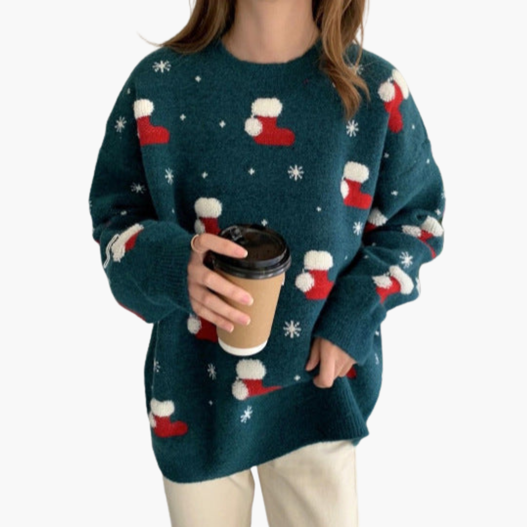 Weihnachtspullover für Damen mit Rundhalsausschnitt und geripptem Saum 4