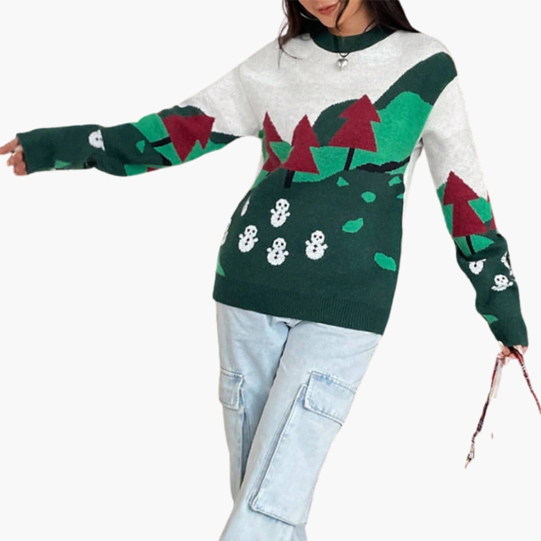 Weihnachtspullover für Damen mit Schneemann und Baum Design 1