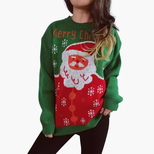 Weihnachtspullover für Damen mit Weihnachtsmann Muster und geripptem Saum 0