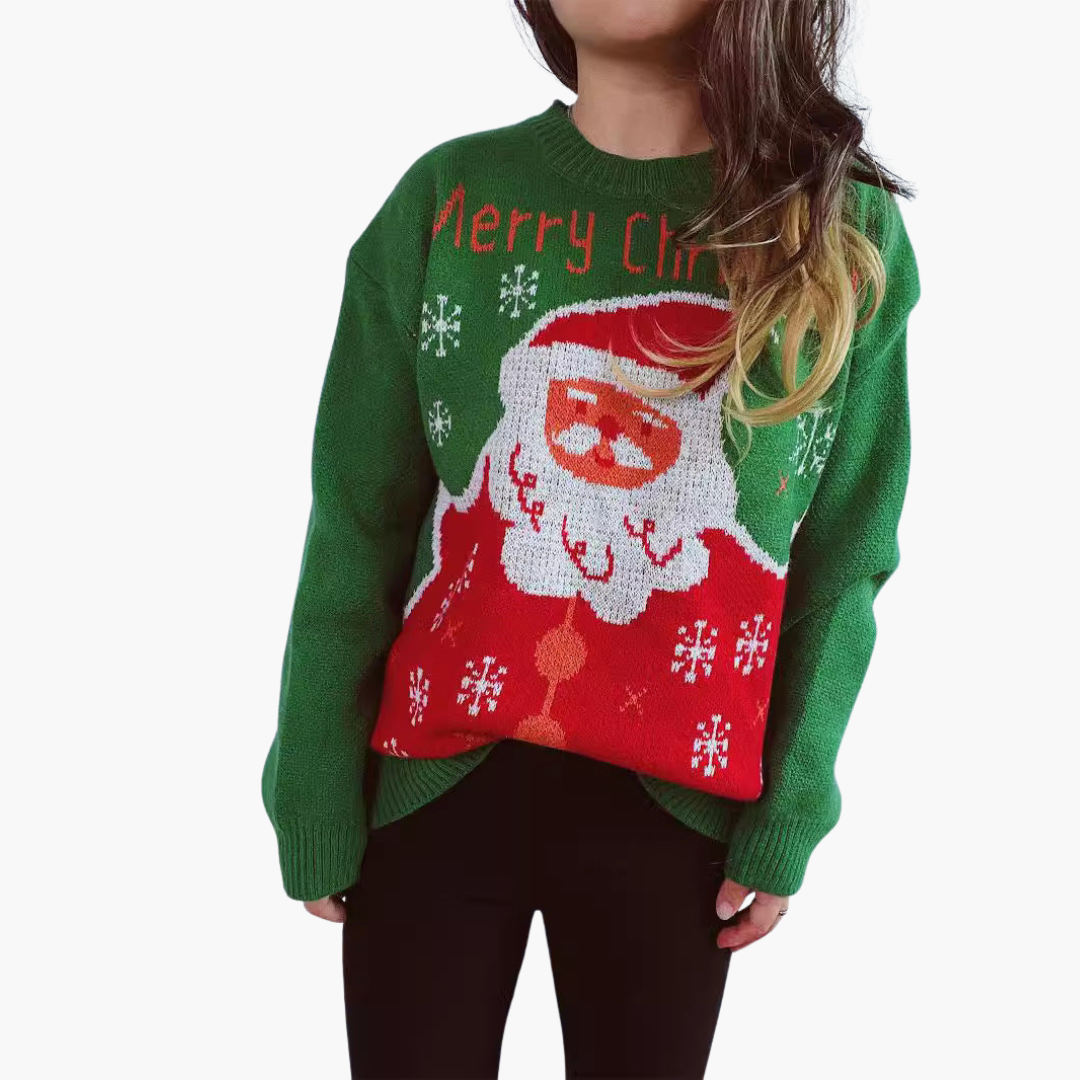 Weihnachtspullover für Damen mit Weihnachtsmann Muster und geripptem Saum 1