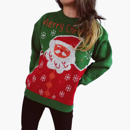 Weihnachtspullover für Damen mit Weihnachtsmann Muster und geripptem Saum 2