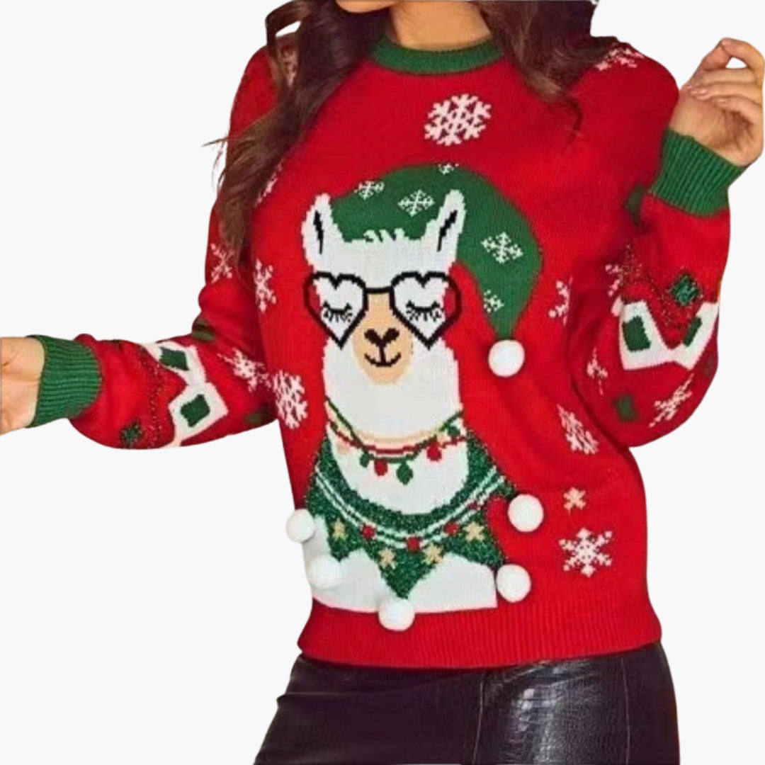 Weihnachtsstrickpullover für Damen mit Lama-Motiv und dekorativen Pompoms 1