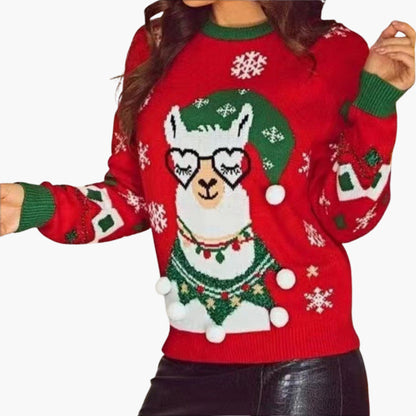Weihnachtsstrickpullover für Damen mit Lama-Motiv und dekorativen Pompoms 1