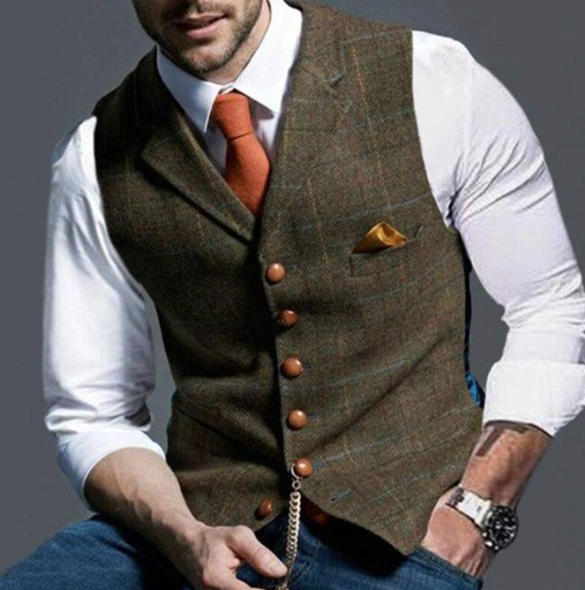 Weste - Einreihig - Kariert - Herrenweste - Tweedweste-Braun-XS-Chaps Herrenmode