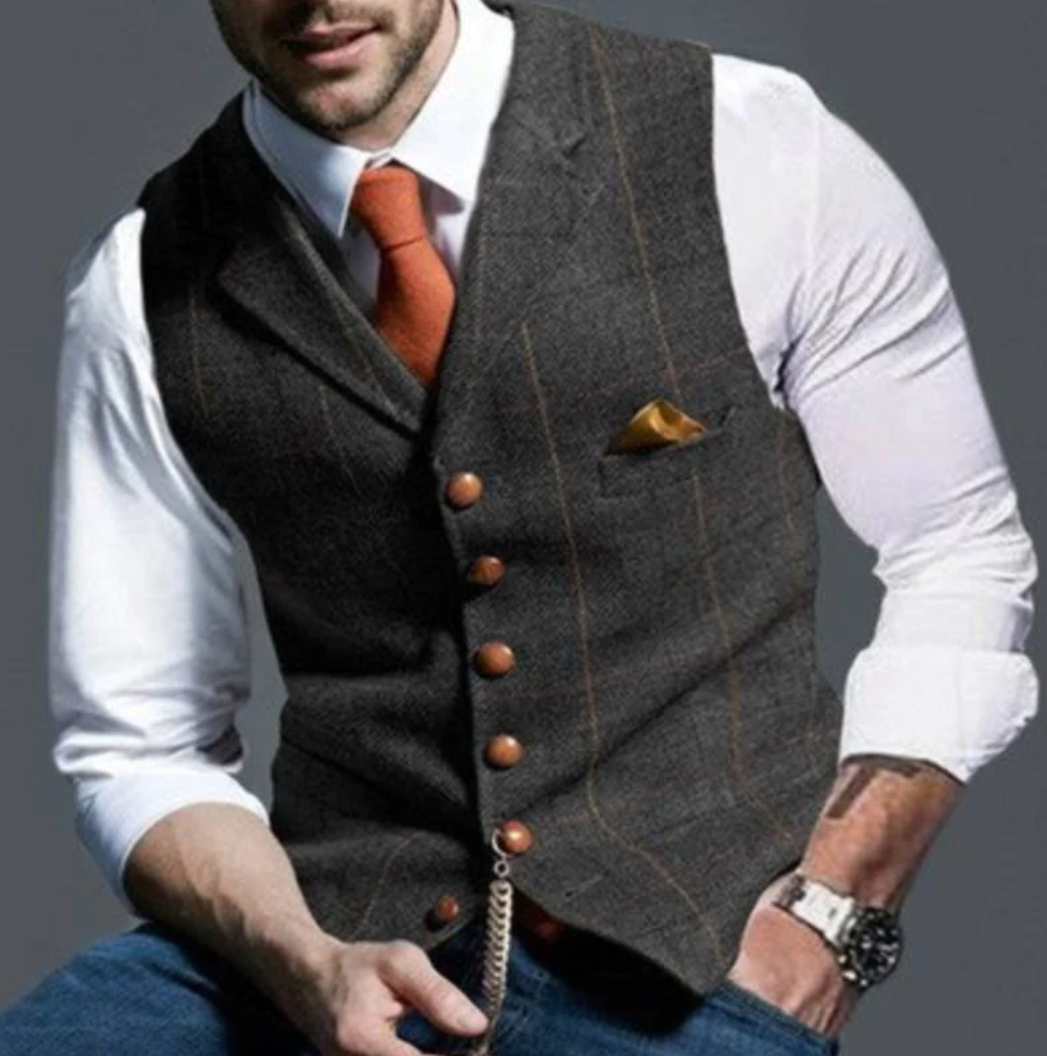 Weste - Einreihig - Kariert - Herrenweste - Tweedweste-Dunkelgrau-XS-Chaps Herrenmode
