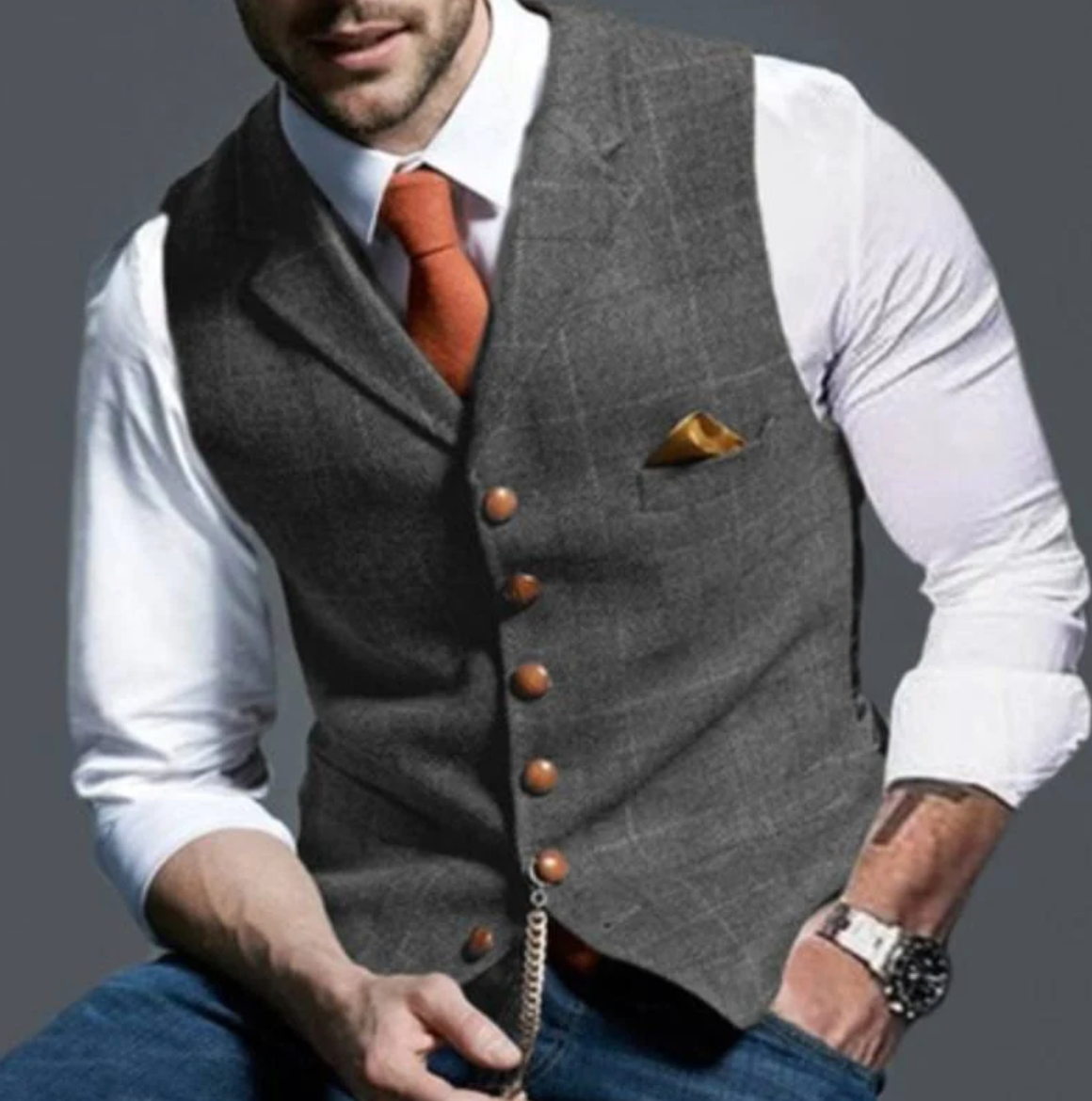 Weste - Einreihig - Kariert - Herrenweste - Tweedweste-Grau-XS-Chaps Herrenmode