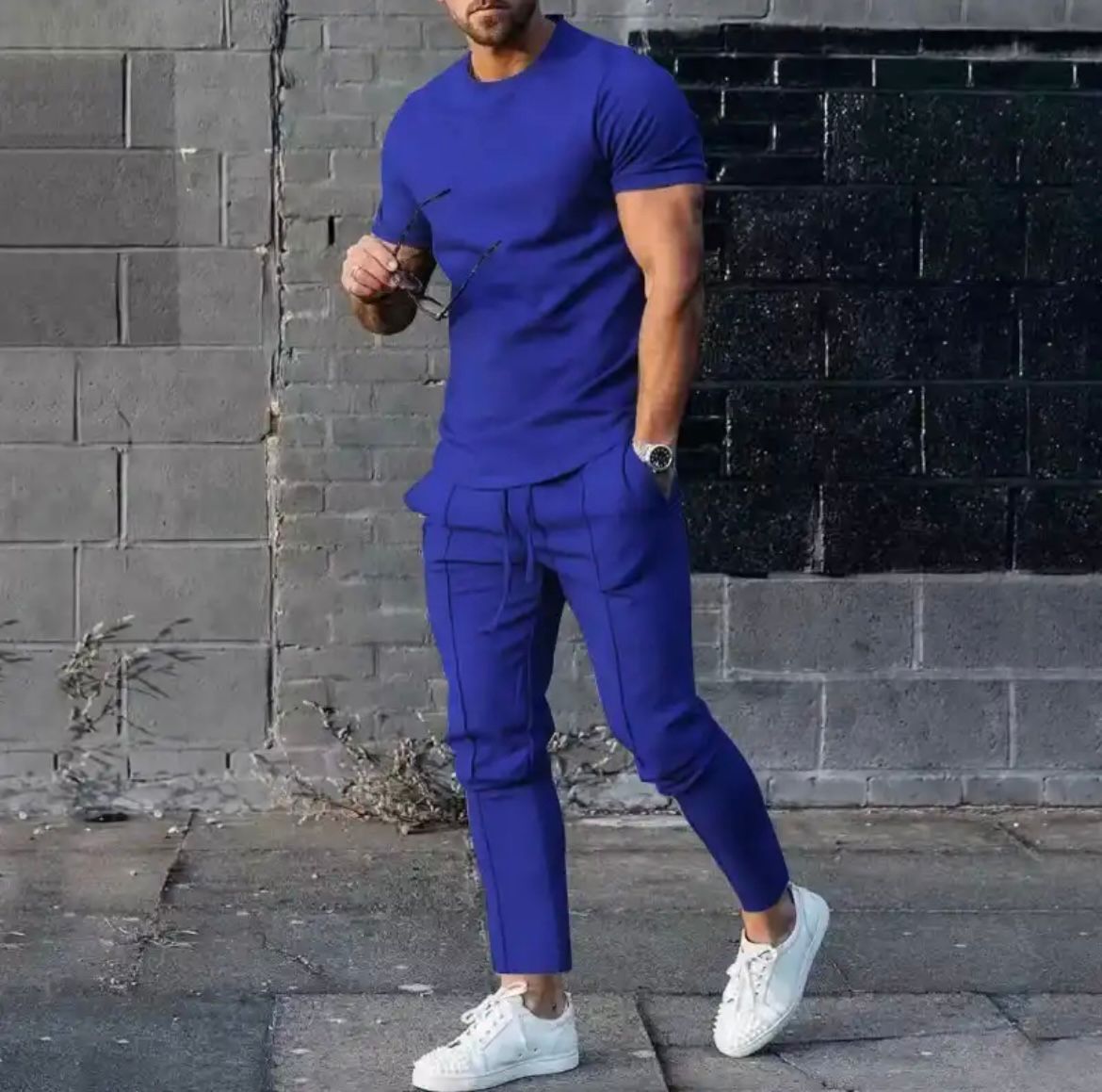 Herren Freizeit Set Slim Fit Zweiteiler T-Shirt Hose Modern