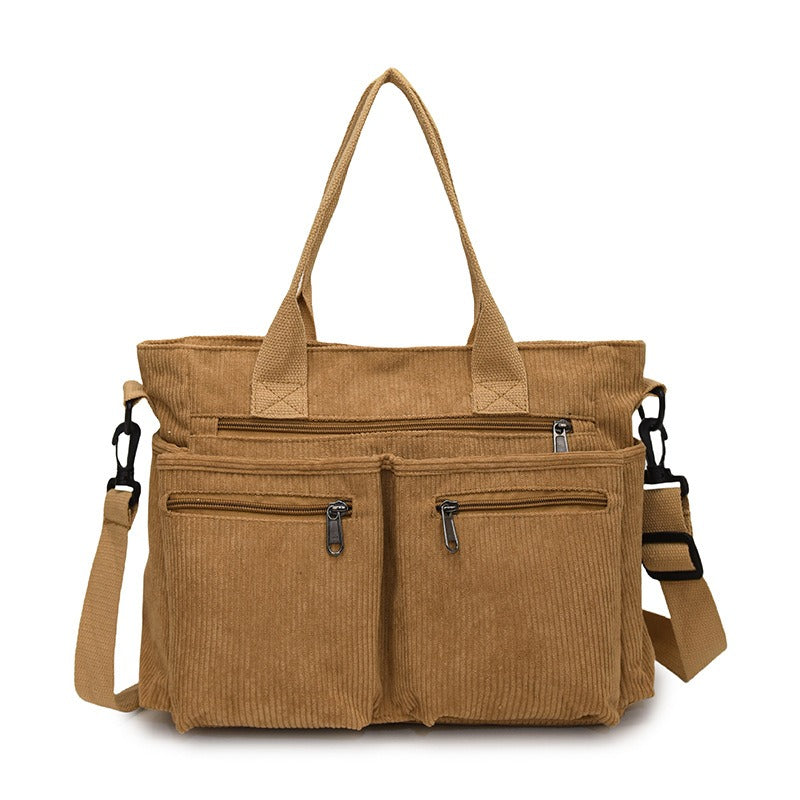 Große Cord Schultertasche Stylisch Reißverschluss