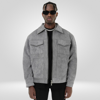 Wildlederjacke - Herrenjacke mit Reißverschluss und Kragen mit Taschen-Grau-M-Chaps Herrenmode