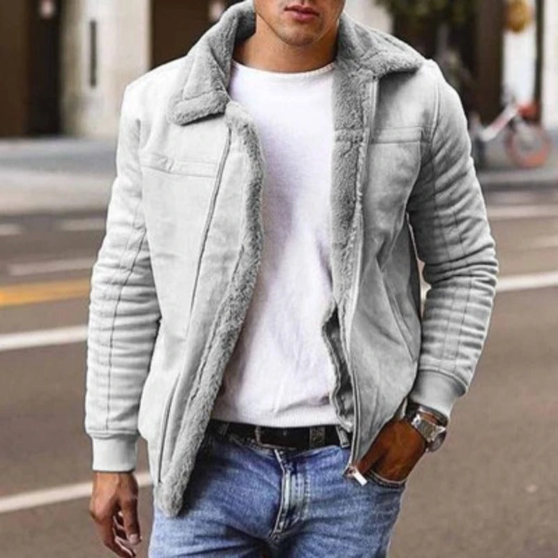 Winter-Lederjacke – Herren-Bikerjacke mit Fellfutter-Grau-S-Chaps Herrenmode