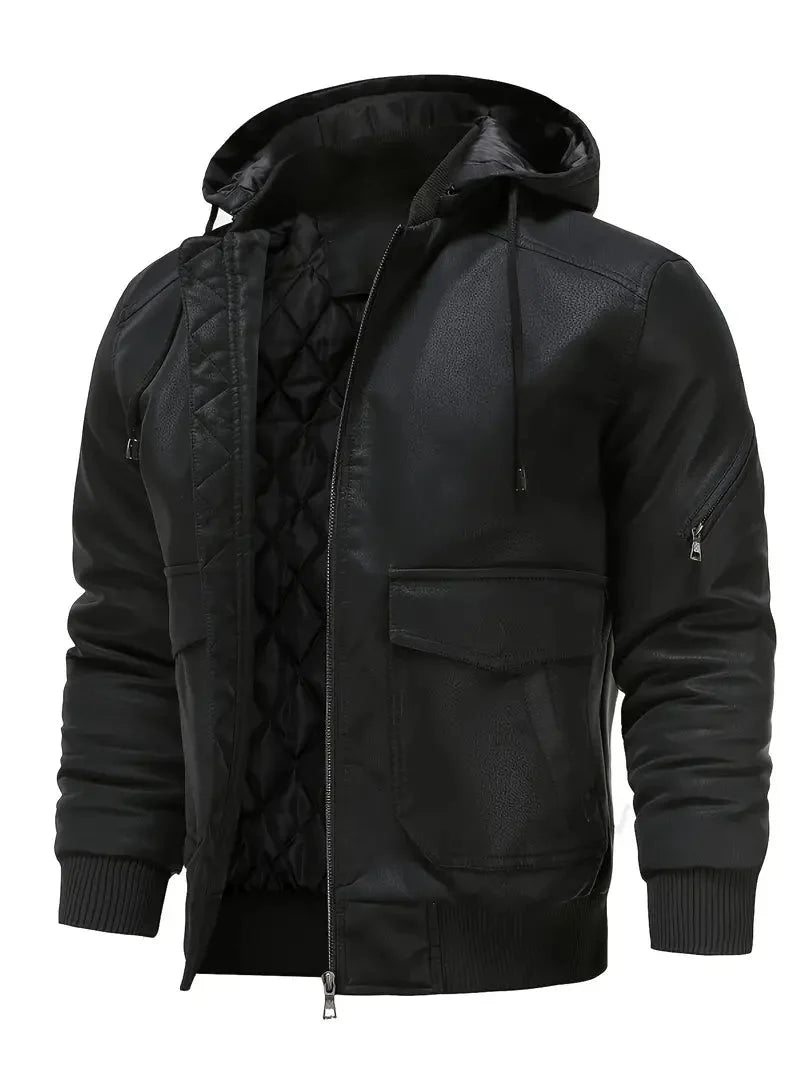 Herren Lederjacke Winter Warm Kapuzenjacke Schwarz - BerlinGlamour
