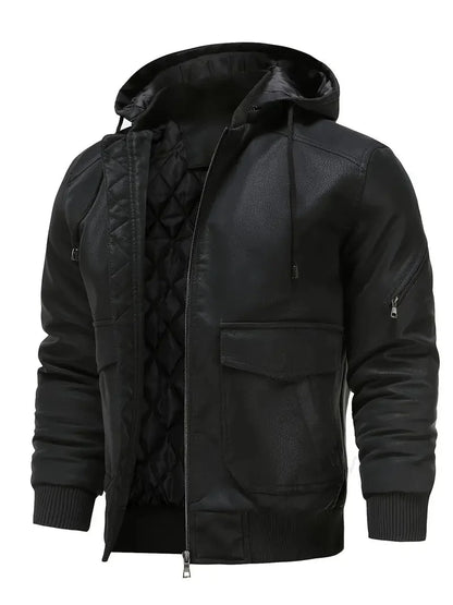 Herren Lederjacke Winter Warm Kapuzenjacke Schwarz - BerlinGlamour