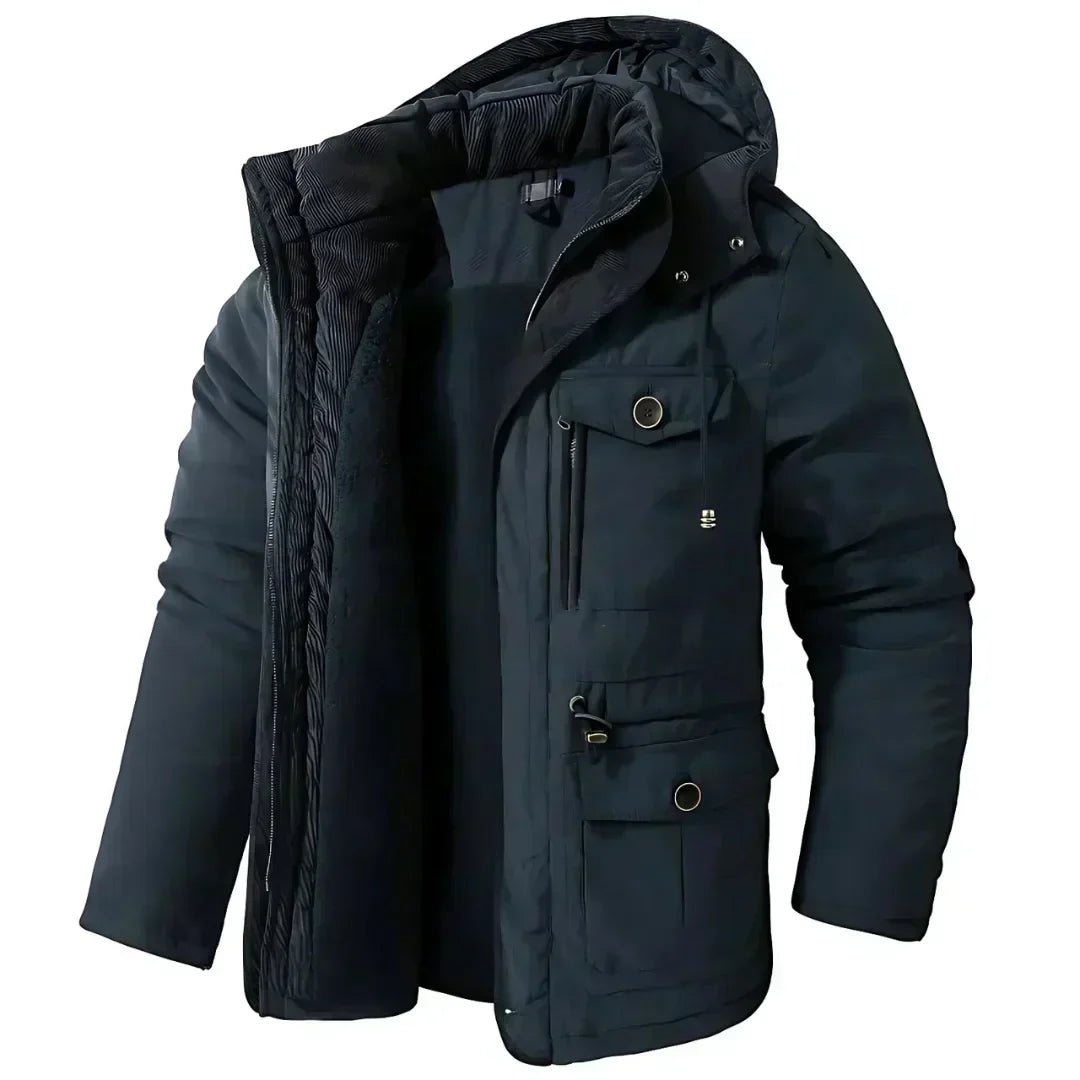 Winterjacke – Herren-Wintermantel mit Kapuze, Fleecefutter und Cargotaschen-Blau-M-Chaps Herrenmode