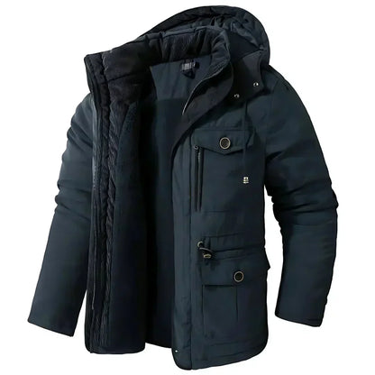 Winterjacke – Herren-Wintermantel mit Kapuze, Fleecefutter und Cargotaschen-Blau-M-Chaps Herrenmode