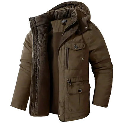 Winterjacke – Herren-Wintermantel mit Kapuze, Fleecefutter und Cargotaschen-Braun-M-Chaps Herrenmode