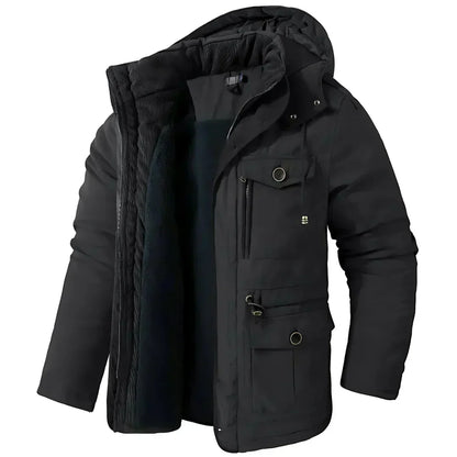 Winterjacke – Herren-Wintermantel mit Kapuze, Fleecefutter und Cargotaschen-Schwarz-M-Chaps Herrenmode