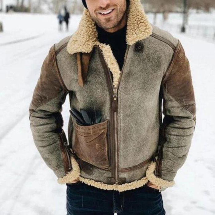 Herren Lederjacke Warm Winterjacke Sherpa Futter Reißverschluss - BerlinGlamour